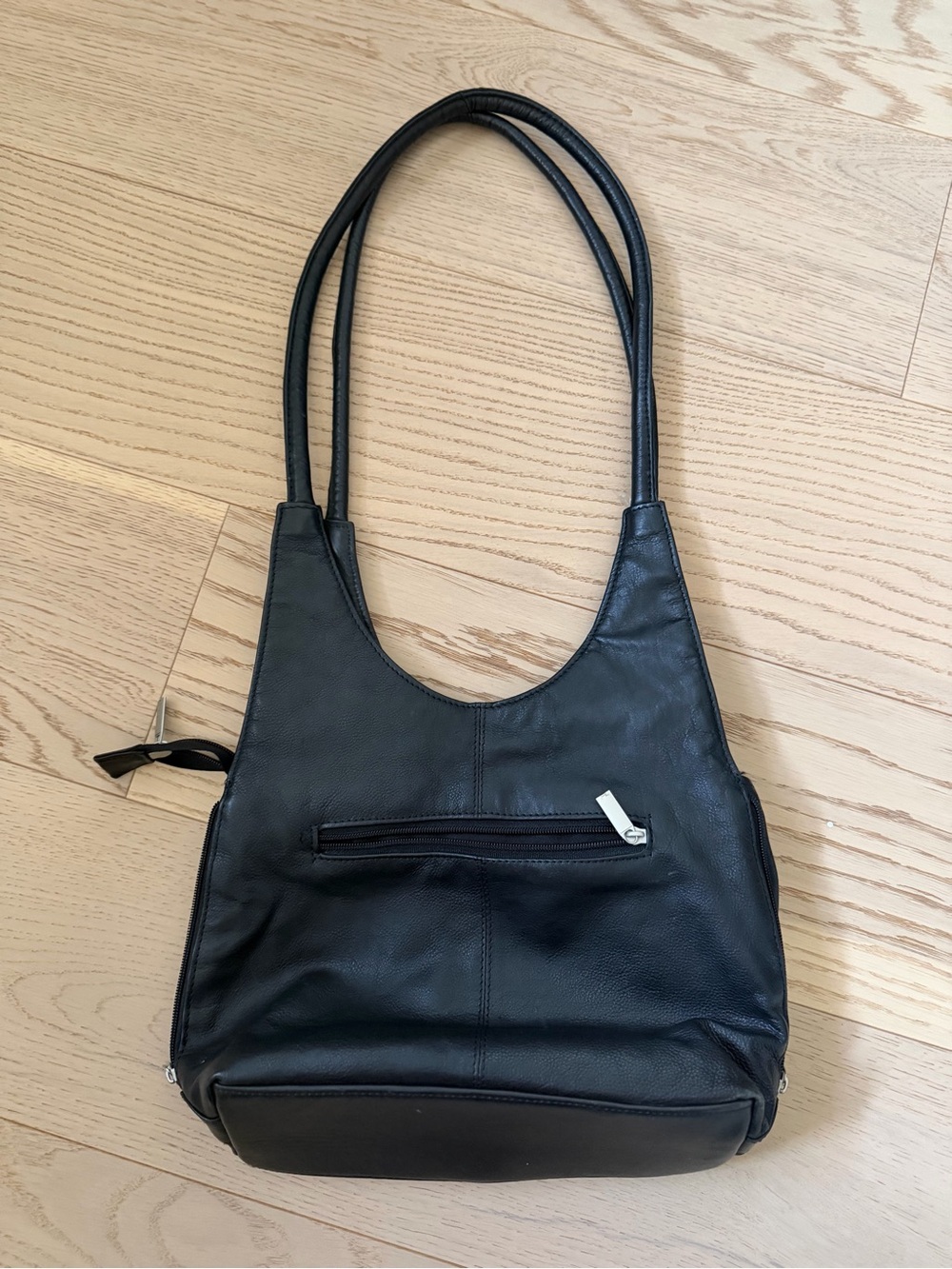 Genuine Black Leather Shoulder Bag - Front Zip Pocket - Classic Everyday Carry
